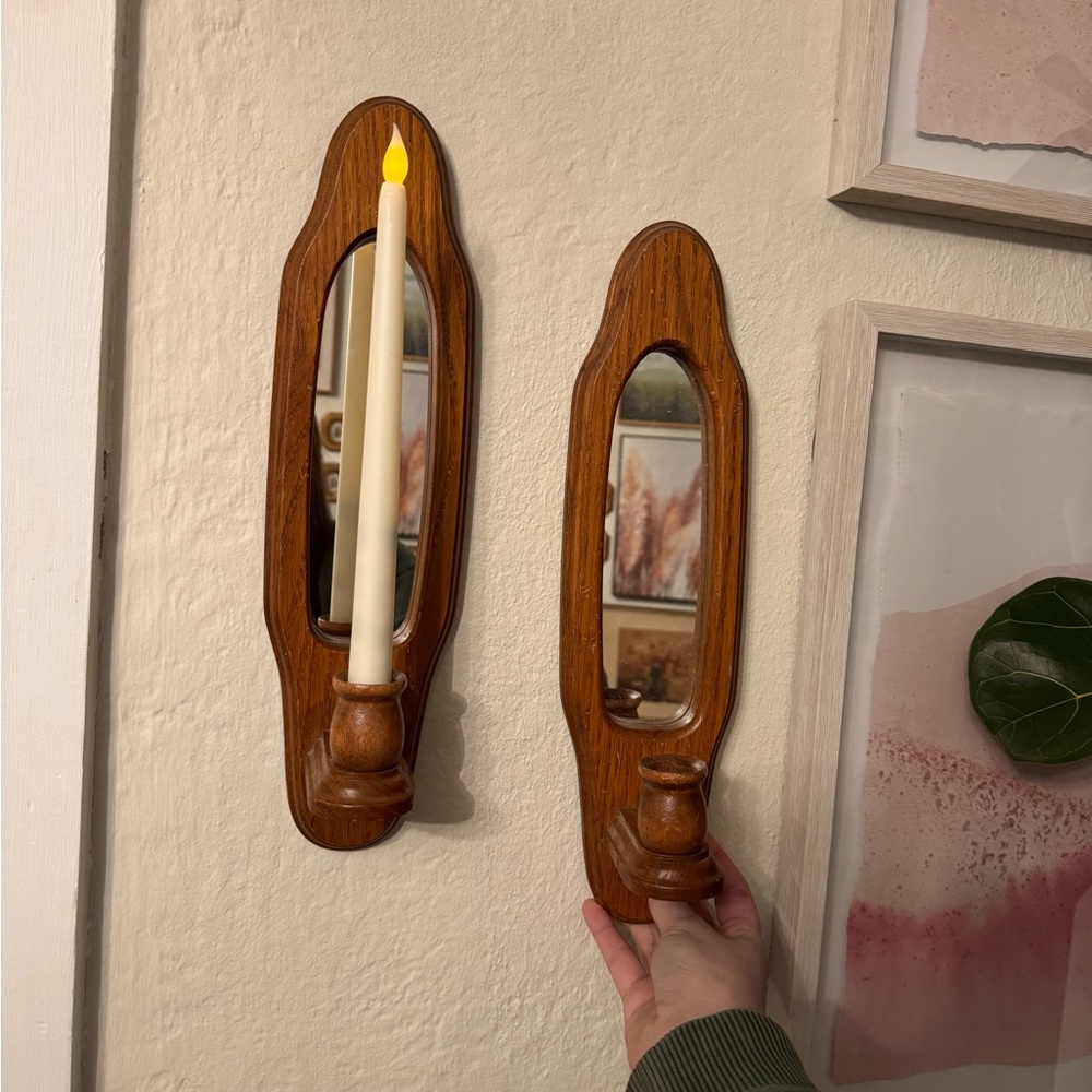 Vintage set of 2 wooden mirror wall candle sconces